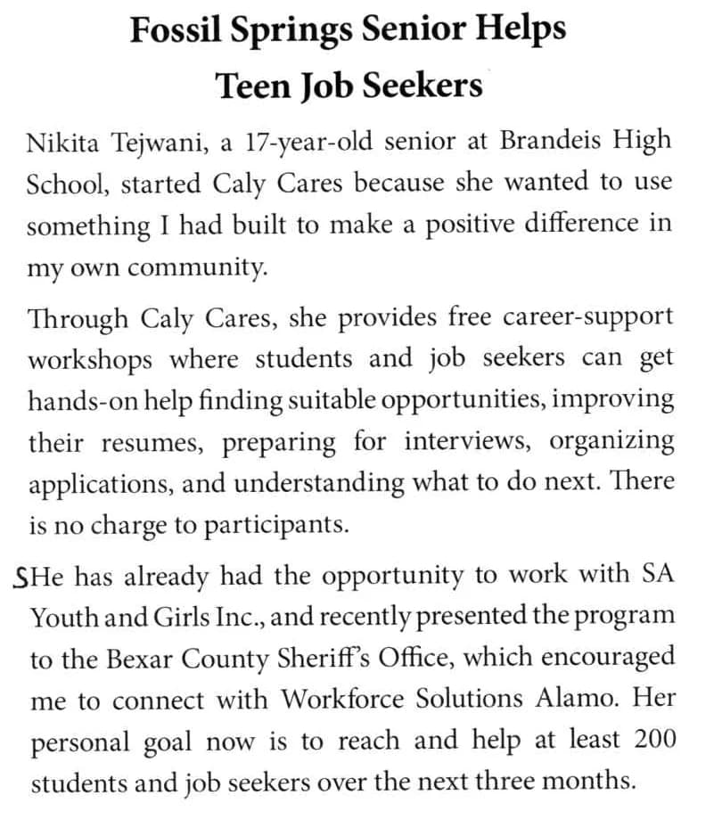 Clipping from the Fossil Springs Ranch Homeowners Association newsletter, September/October 2026: the article “Fossil Springs Senior Helps Teen Job Seekers”, about Nikita Tejwani, a 17-year-old senior at Brandeis High School, and the free career-support workshops she runs through Caly Cares. Its words are in the text below.