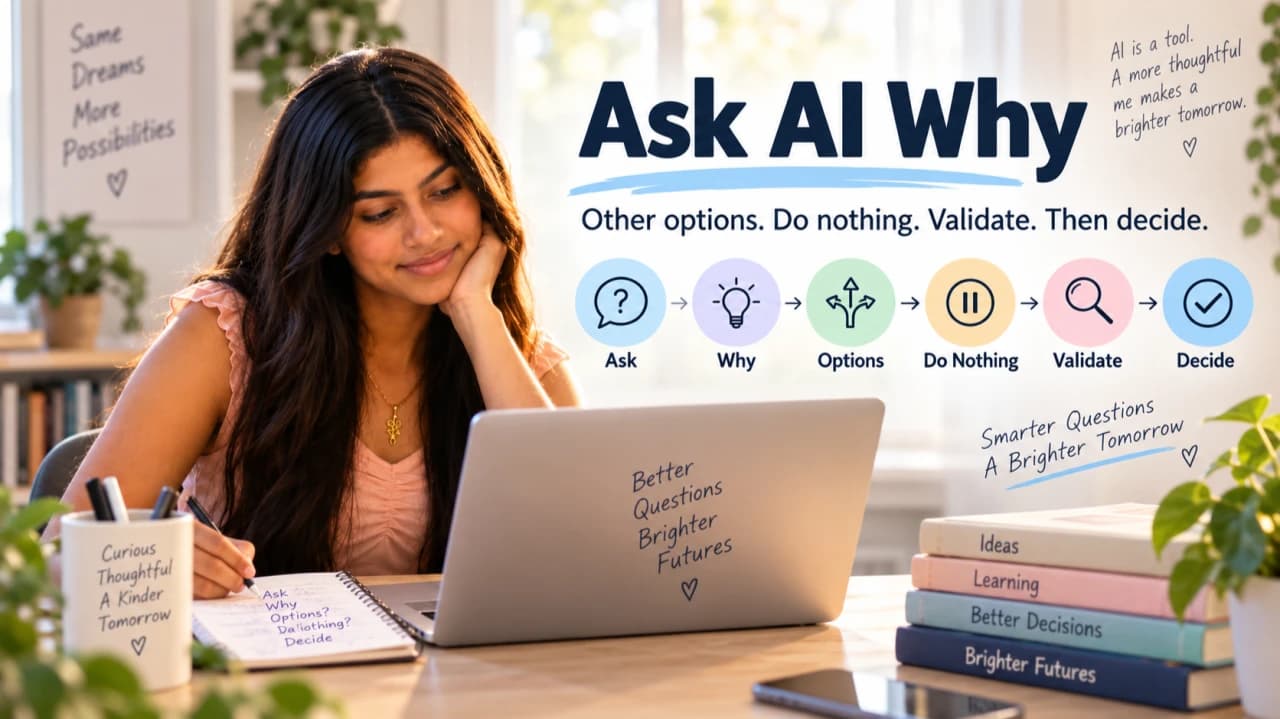 Graphic titled Ask AI Why: Other options. Do nothing. Validate. Then decide. A smiling young woman rests her chin on her hand at a laptop with a notebook open, beside six steps: Ask, Why, Options, Do Nothing, Validate and Decide.