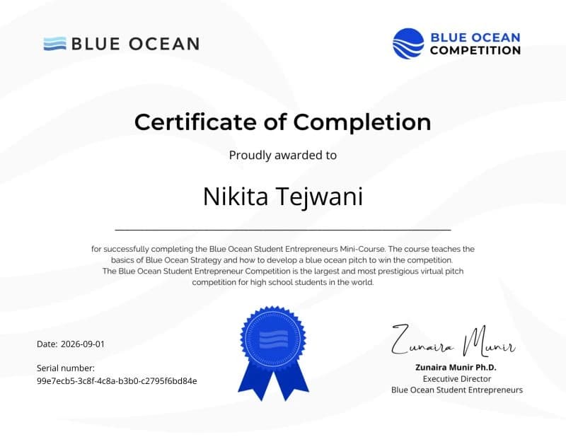Certificate of Completion from Blue Ocean, awarded to Nikita Tejwani for completing the Blue Ocean Student Entrepreneurs Mini-Course, dated September 1, 2026.