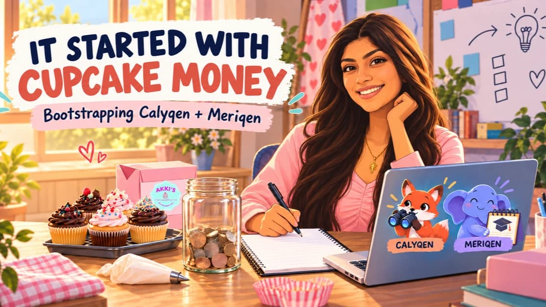 Illustration titled It Started with Cupcake Money: Bootstrapping Calyqen and Meriqen. A smiling young woman writes in a notebook at a desk with cupcakes, a jar of coins and a laptop with Calyqen and Meriqen stickers.