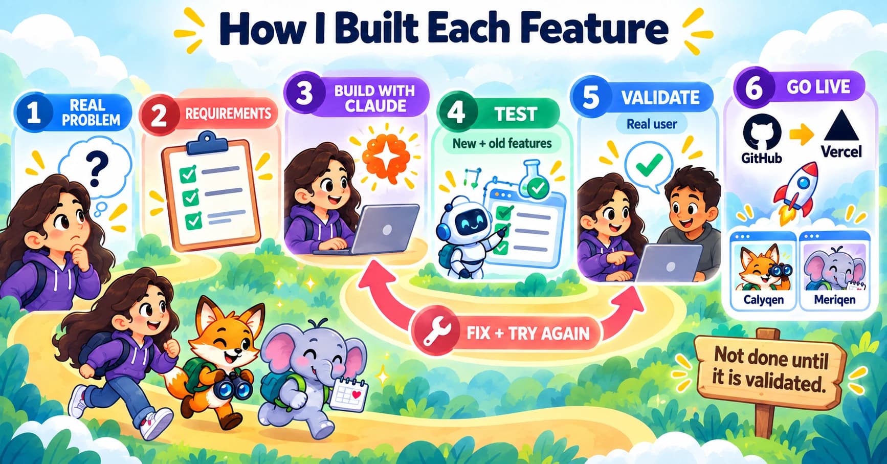 Illustrated graphic titled How I Built Each Feature, in six steps: 1 real problem, 2 requirements, 3 build with Claude, 4 test new and old features, 5 validate with a real user, and 6 go live through GitHub and Vercel, with a fix and try again loop between building and validating, and a sign reading Not done until it is validated.