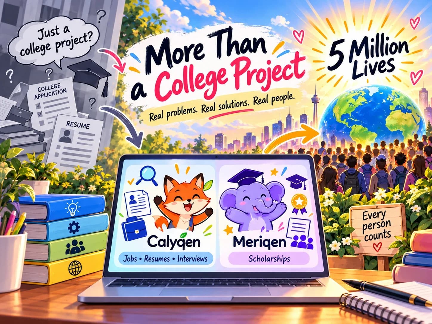 Illustration titled More Than a College Project: Real problems. Real solutions. Real people. A laptop shows Calyqen for jobs, resumes and interviews and Meriqen for scholarships, with a crowd of people, the words 5 Million Lives, and a sign reading Every person counts.