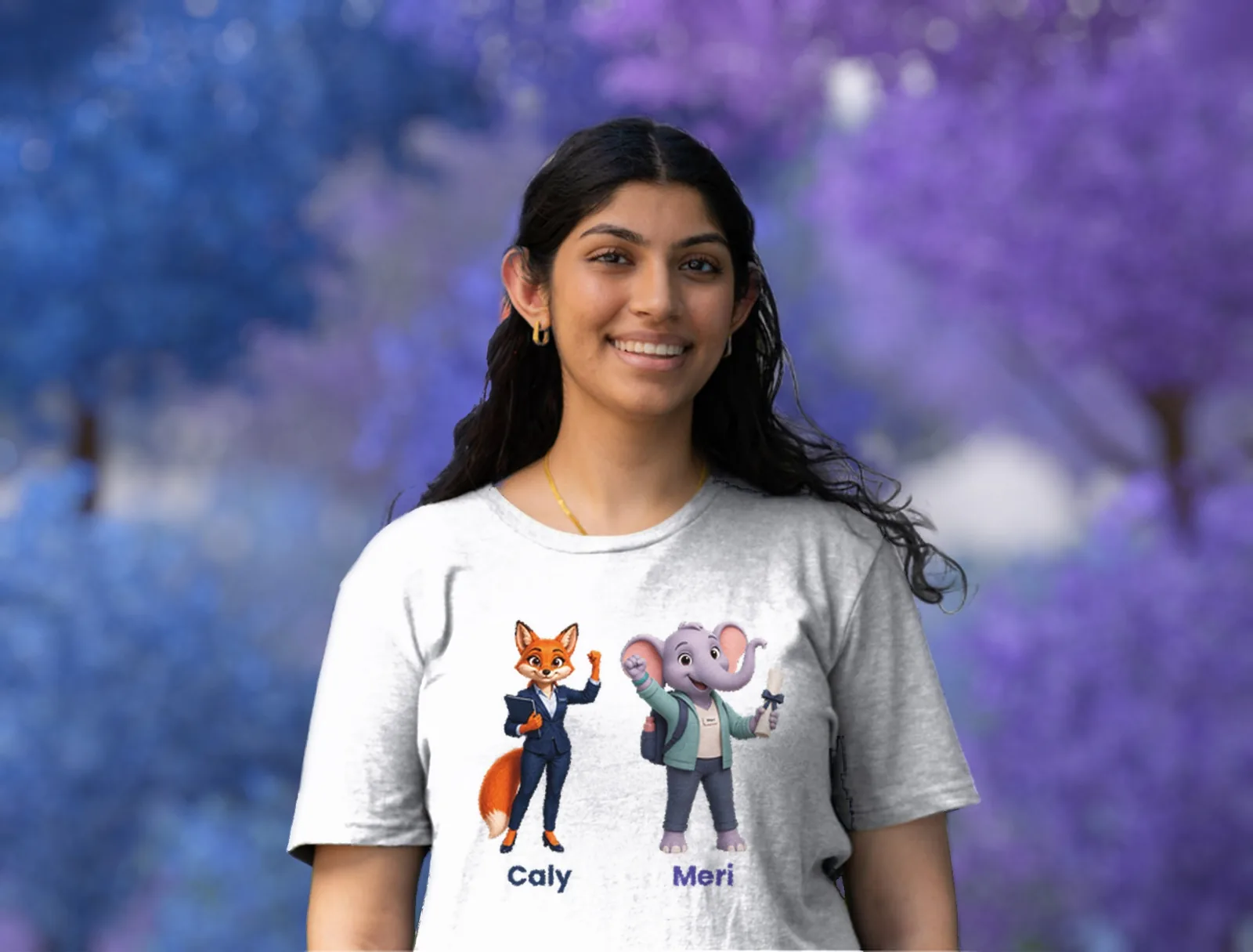 Nikita Tejwani smiling, in a light grey t-shirt showing Caly the fox and Meri the elephant with their names beneath, in front of blue and purple blossoms.