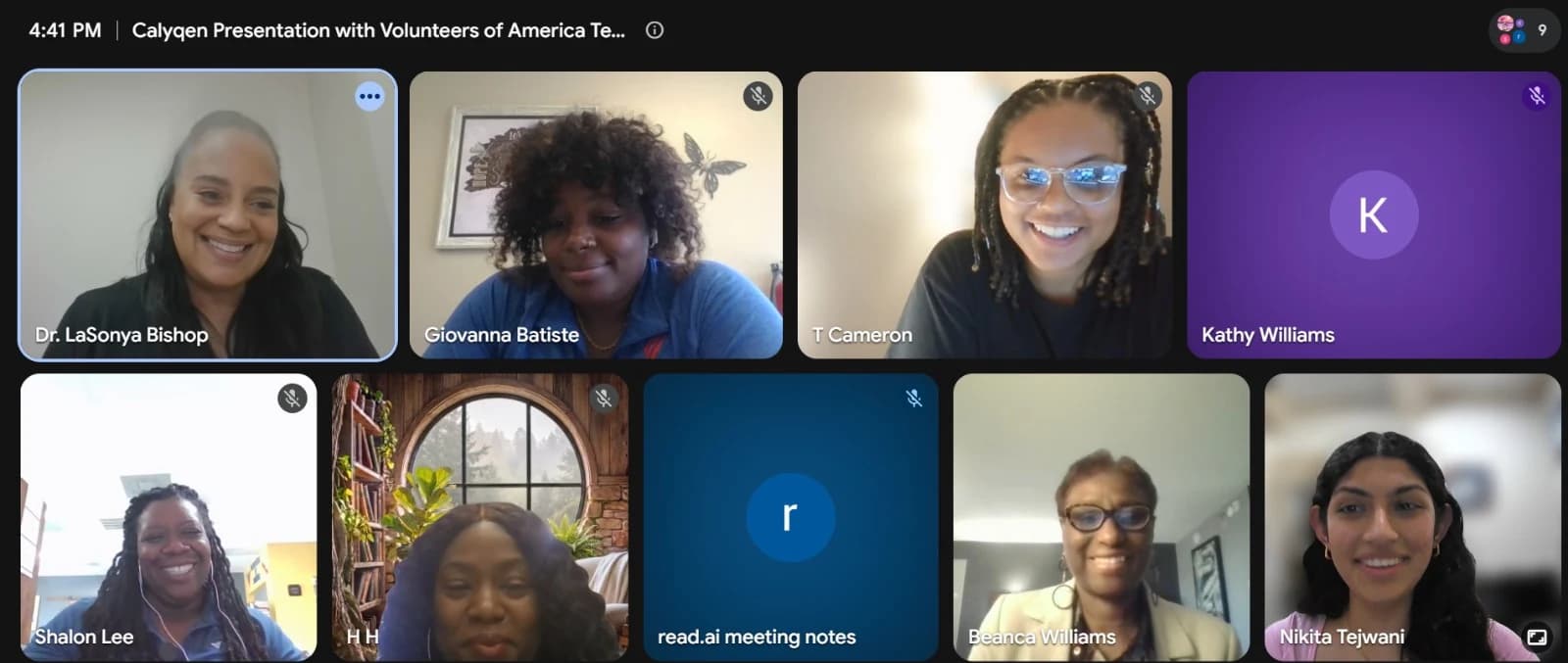 Screenshot of a video call about a Calyqen presentation with Volunteers of America: nine participants in video tiles, smiling, with Nikita in the last tile.