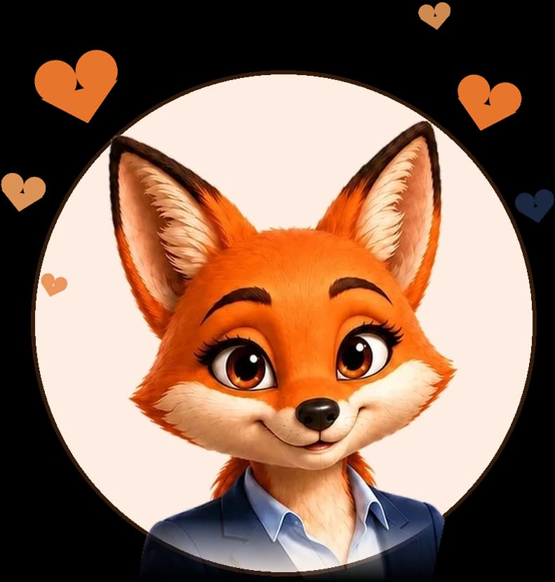 Caly the fox smiling warmly, surrounded by hearts